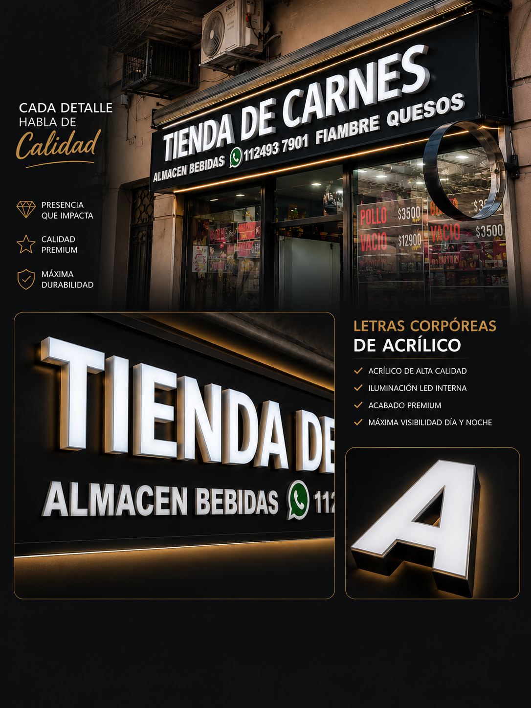 Letrero de acrílico iluminado de noche