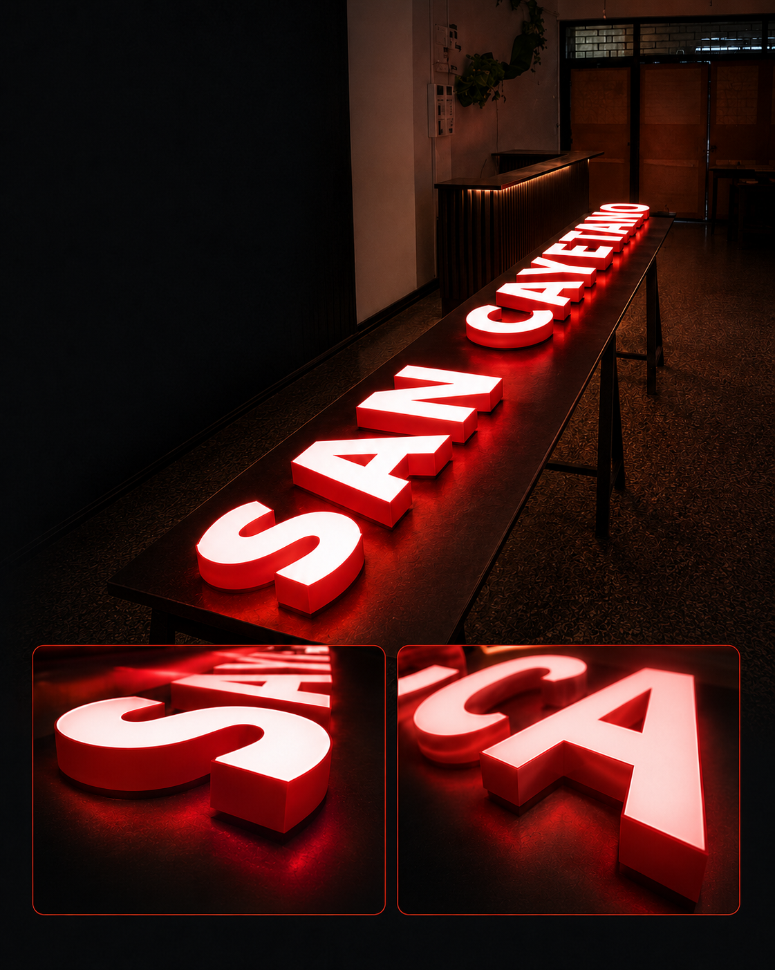 Letras de acrílico iluminadas de noche